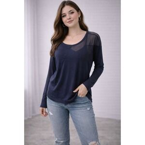 Glitz Navy Mesh‎ Panel Long Sleeve Top Women's Size L Sheer Overlay